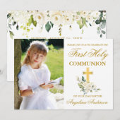 Invitation Première Communion Aquarelle Blanc Floral Photo (Devant / Derrière)