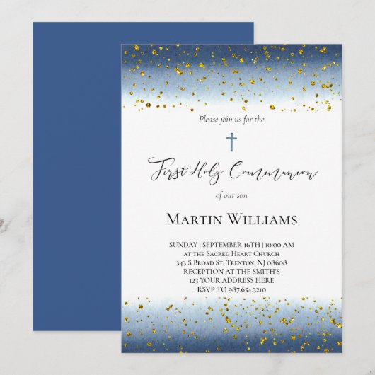 Invitation première communion aquarelle bleue (Devant / Derrière)