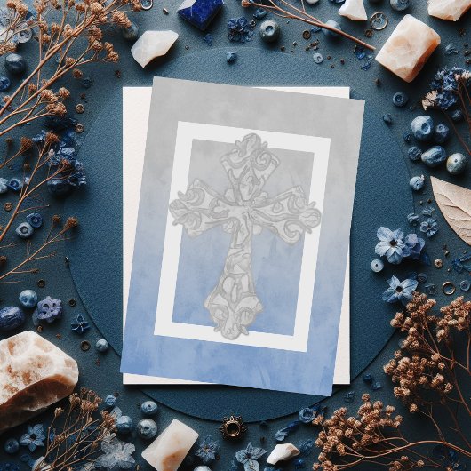 Invitation Première communion aquarelle Croix gris et bleu