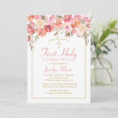 Invitation Première Communion Aquarelle Florale Rose rose (Debout devant)