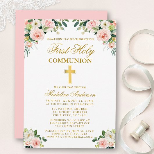 Invitation Première Communion Aquarelle Or Rose Blanc Floral