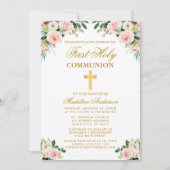 Invitation Première Communion Aquarelle Or Rose Blanc Floral (Devant)