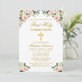 Invitation Première Communion Aquarelle Or Rose Blanc Floral (Debout devant)