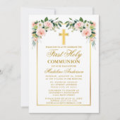 Invitation Première Communion Aquarelle Or Rose Blush Floral (Devant)