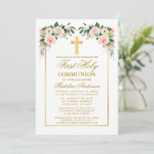 Invitation Première Communion Aquarelle Or Rose Blush Floral (Debout devant)
