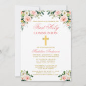 Invitation Première Communion Aquarelle Or Rose Floral (Devant)