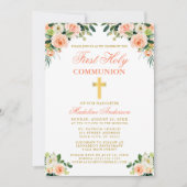 Invitation Première Communion Aquarelle Peach Blanc Floral Or (Devant)