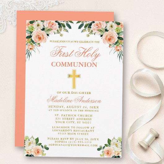 Invitation Première Communion Aquarelle Peach Blanc Floral Or