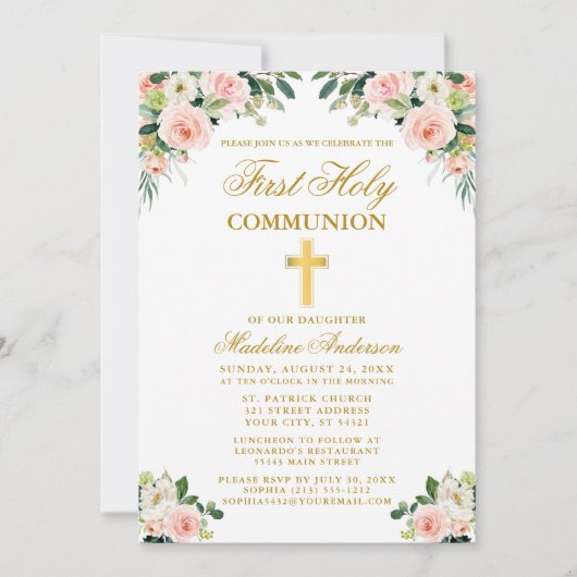 Invitation Première Communion Aquarelle rose Blanc Floral Or (Devant)
