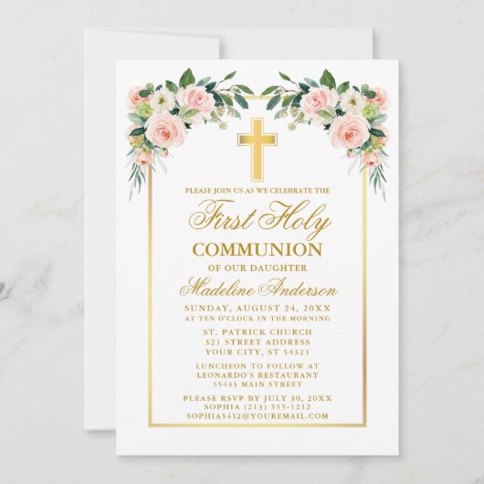 Invitation Première Communion Aquarelle Rose Blush Or Floral (Devant)