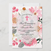 Invitation Première communion aquarelle rose florale (Devant)