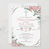 Invitation Première Communion Aquarelle Roses Rose (Devant)