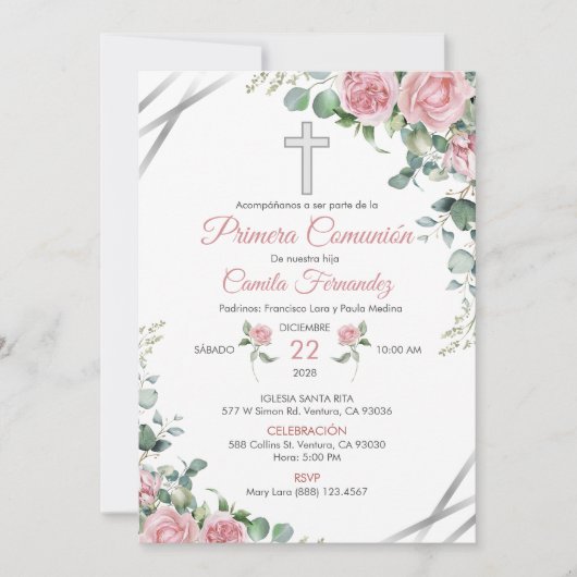 Invitation Première Communion Aquarelle Roses Rose (Devant)