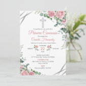 Invitation Première Communion Aquarelle Roses Rose (Debout devant)