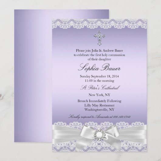 Invitation Première communion arc violet joli croix (Devant / Derrière)