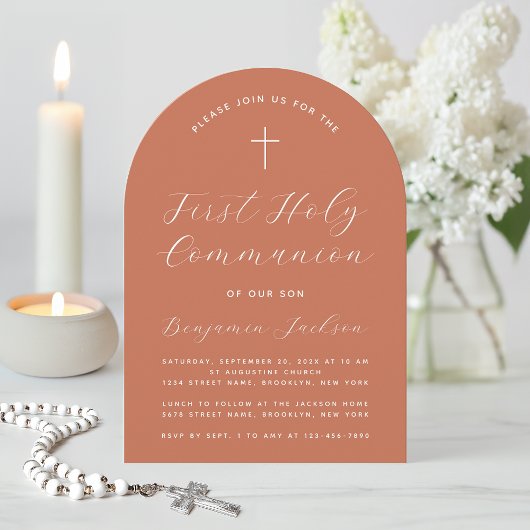 Invitation Première communion Arche en terre cuite Écriture m