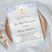 Invitation Première communion argent bleu garçon luxe