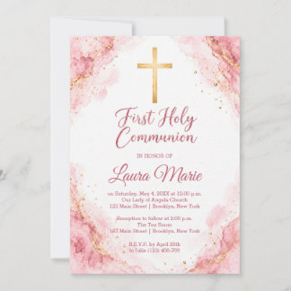 Invitation Première communion au marbre rose aquarelle