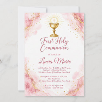 Invitation Première communion au marbre rose aquarelle