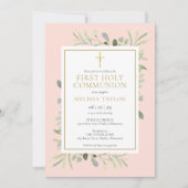 Invitation Première communion au milieu de verdure rose paste (Devant)