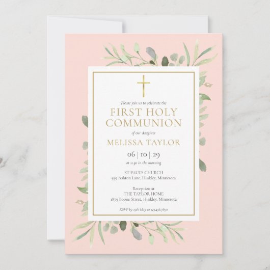 Invitation Première communion au milieu de verdure rose paste (Devant)