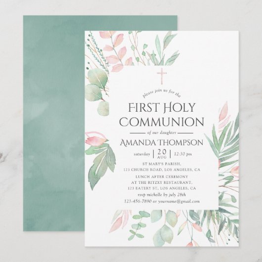 Invitation Première communion au vert pastel rose (Devant / Derrière)