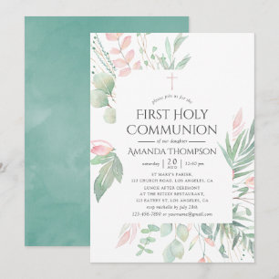 Invitation Première communion au vert pastel rose
