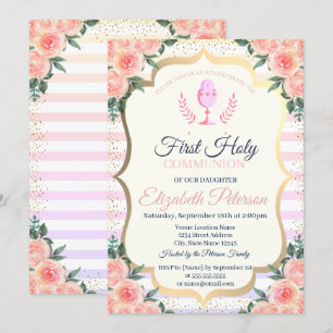 Invitation Première communion aux rayures florales et confett