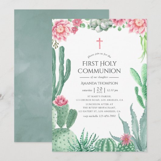 Invitation Première communion aux succulentes aquarelles (Devant / Derrière)