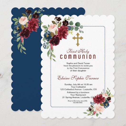 Invitation Première communion avec cadre floral bleu marine B (Devant / Derrière)