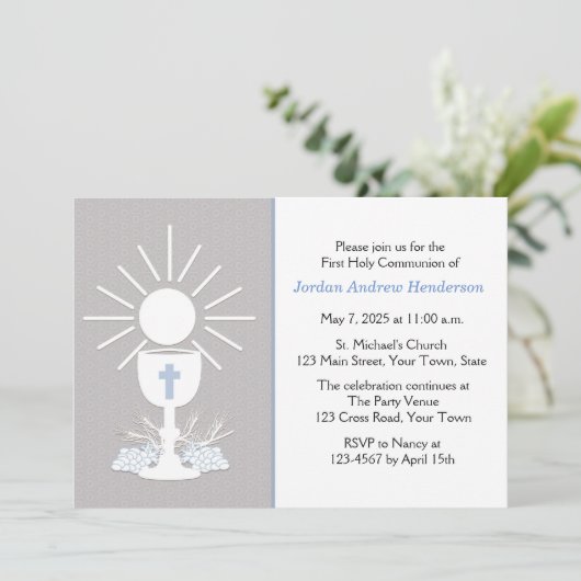 Invitation Première communion avec Chalice, Grey (Debout devant)