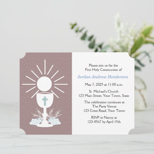 Invitation Première communion avec Chalice, Mauve (Debout devant)