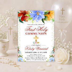 Invitation Première communion avec des fleurs rouges, jaunes 