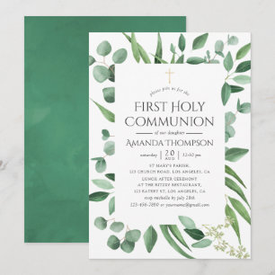 Invitation Première communion avec feuillage d'eucalyptus