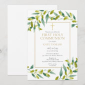 Invitation Première communion avec feuillage vert (Devant / Derrière)