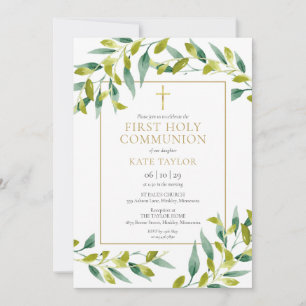 Invitation Première communion avec feuillage vert