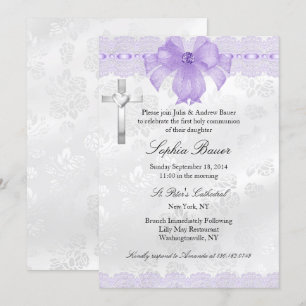 Invitation Première communion avec ruban en dentelle violette