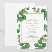 Invitation Première communion avec verdure d'eucalyptus (Devant / Derrière)