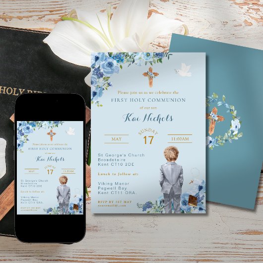 Invitation Première Communion Baptême Blonde Boy Dusky Blue
