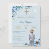 Invitation Première Communion Baptême Blonde Boy Dusky Blue (Devant)