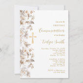 Invitation Première communion beige florale (Devant)