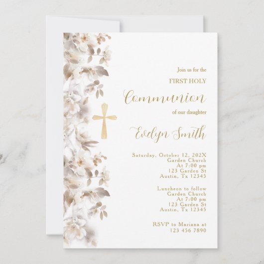Invitation Première communion beige florale (Devant)