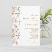 Invitation Première communion beige florale (Debout devant)