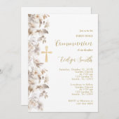 Invitation Première communion beige florale (Devant / Derrière)
