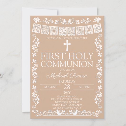 Invitation Première communion Biege Papel Picado (Devant)