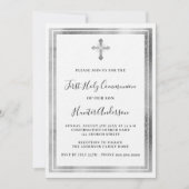 Invitation Première communion blanc argent croix luxe (Devant)