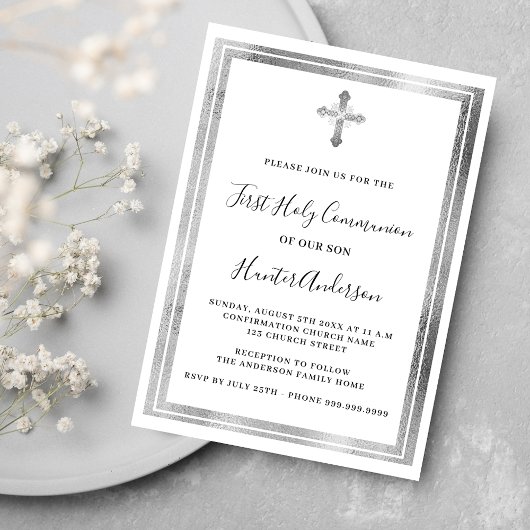 Invitation Première communion blanc argent croix luxe