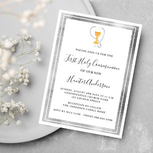 Invitation Première communion blanc chalice argent hôte luxe