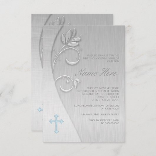 Invitation Première communion bleu et gris (Devant / Derrière)
