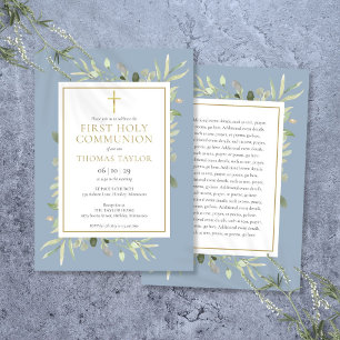 Invitation Première communion bleu poussiéreux avec verdure